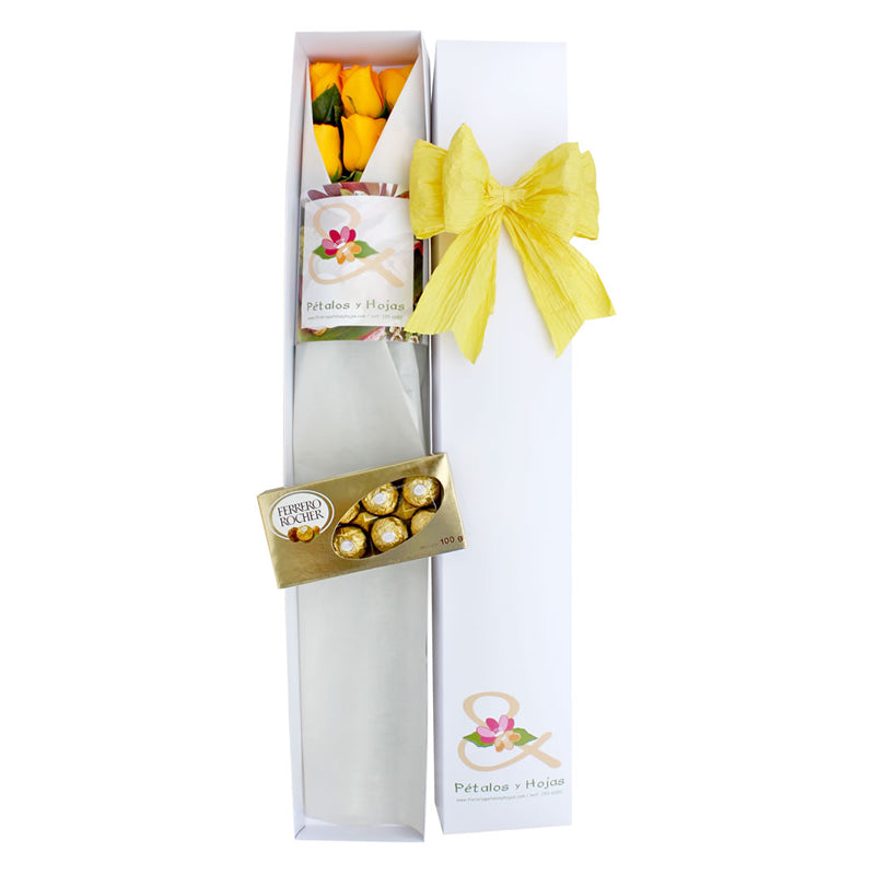 Caja x 6 Rosas Amarillas + Chocolate